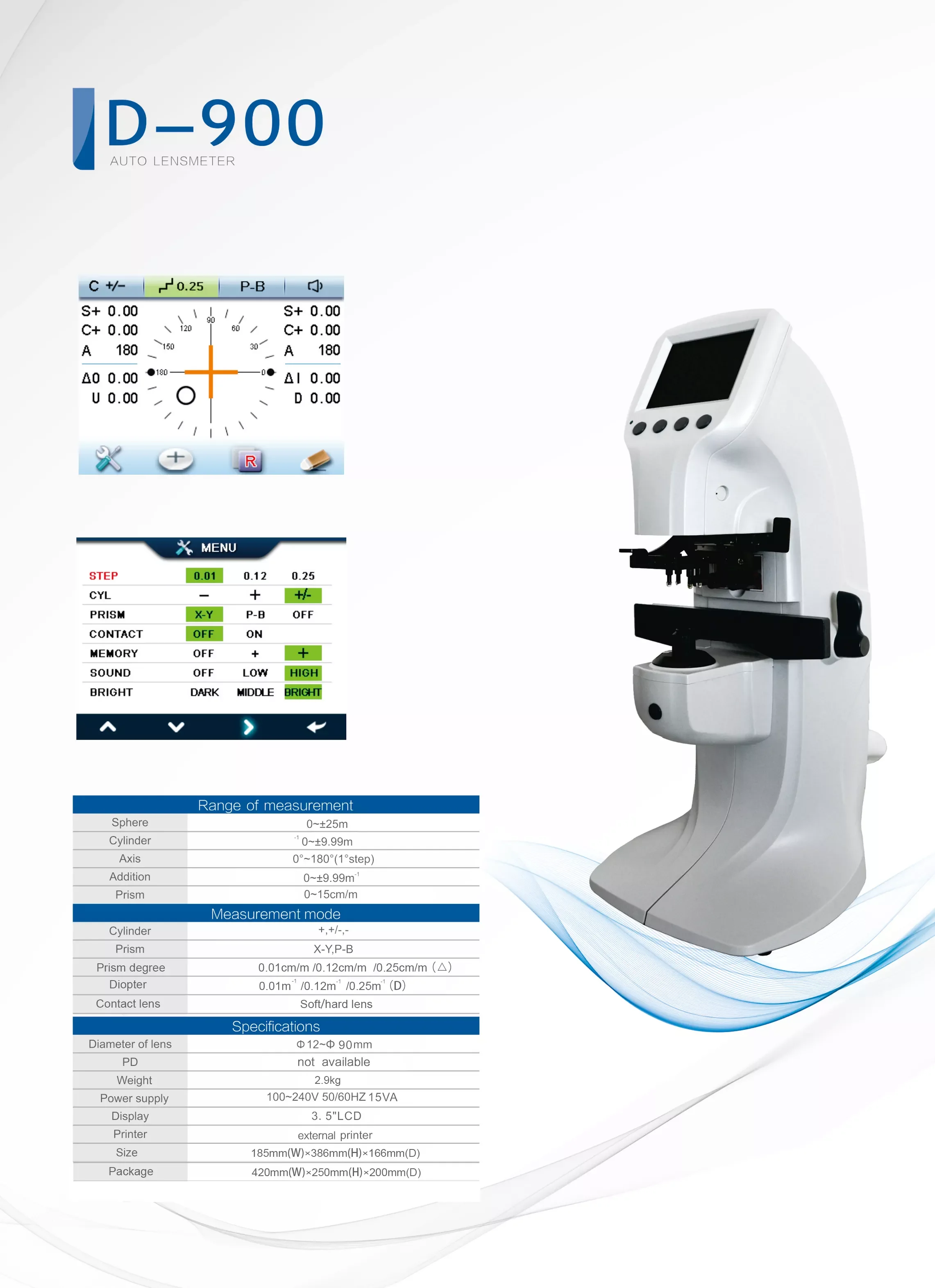 D-900 Focimeter 3.5'' True Color Monitor Lensmeter Digital Optics Instruments Auto Lensmeter with UV PD Optional Printing